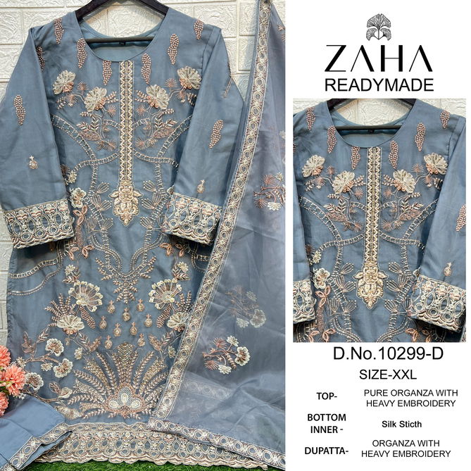 Zaha 10299 A To D Embroidery Organza Pakistani Readymade Suits Wholesale Shop In Surat